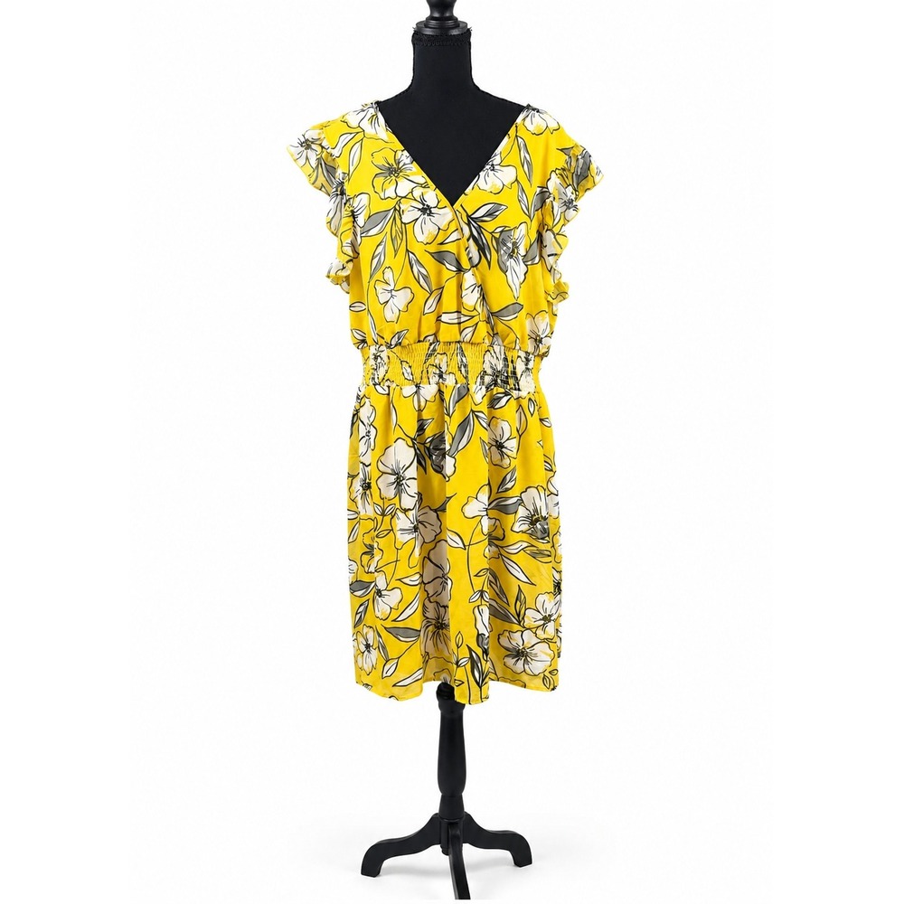 NY Collection Women's 1X Yellow Floral Ruffle Sleeve Smocked Waist Midi Dress